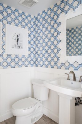 Contemporary Bathroom With Blue And White Wallpaper - Powder Room ...