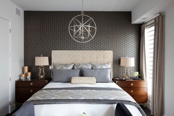 Wallpaper Behind Bed Bedroom Transitional With Upholstered - Bedroom