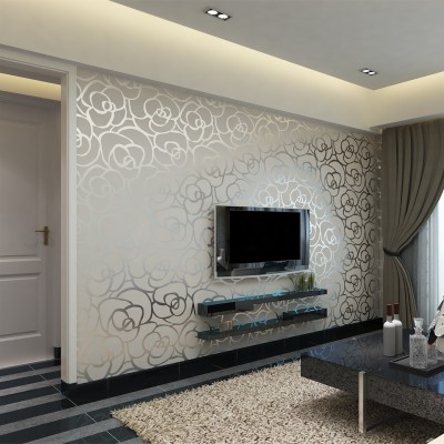 Modern House Moisture-proof Textile Roses Silver Wallpaper - Wall Paper ...