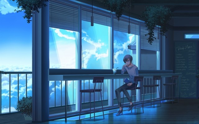 Anime Boy, Cafe, Clouds, Balcony - Boy Sitting At Balcony - 1440x900  Wallpaper 