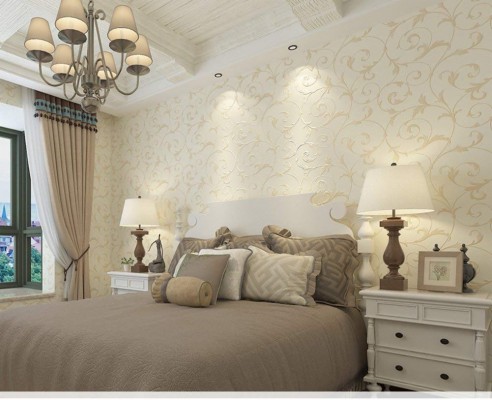 Wallpaper Behind Bed Bedroom Transitional With Upholstered - Bedroom