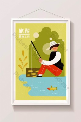 Flat Travel Out Fishing Poster Illustration Wallpaper - Tranh Mèo Bên Cửa Sổ  - HD Wallpaper