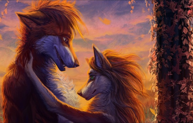 Photo Wallpaper Love, Fantasy, Art, Two, Painting, - Two Wolves In Love ...