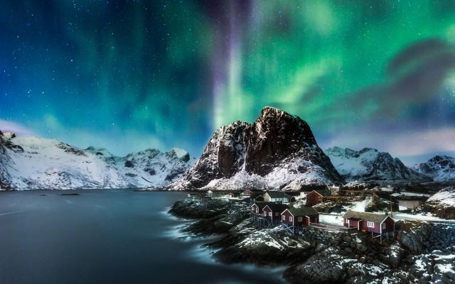 Wallpaper Norway, Lofoten Islands, Mountains, Sea, - Northern Lights 