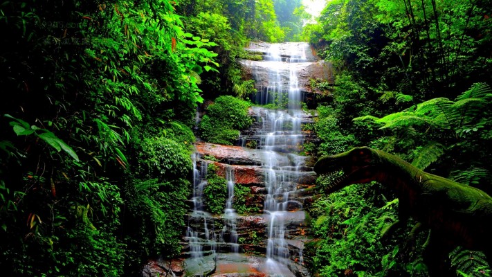 Dinosaur And Waterfall Greenery View - Dinosaur Waterfall Background ...