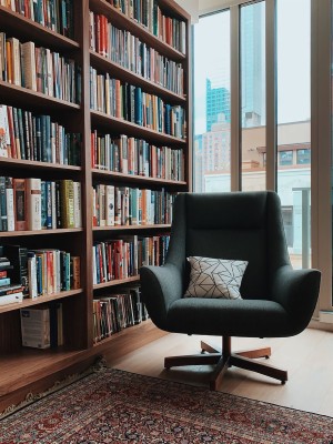 Gray Fabric Padded Rolling Armchair Near Books, Furniture, - 910x1213  Wallpaper 