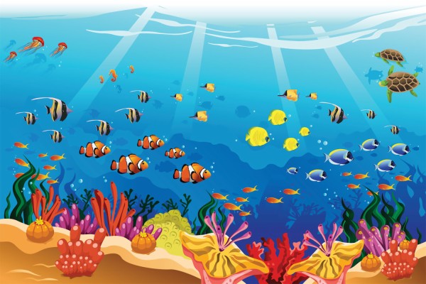 assorted tropical fish swim through a coral reef/underwater scene