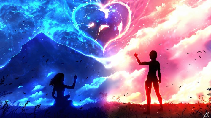 Anime, Couple, Silhouette, Heart, 4k, - Painting Of The Nine Immortals -  1920x1080 Wallpaper 