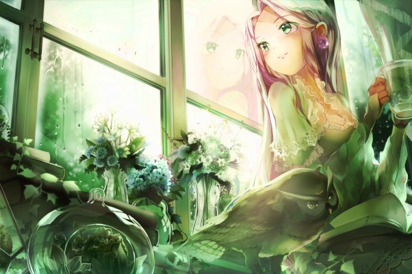 Anime Girl, Owl, Looking Away, Green Eyes, Cute, Flowers, - Green Eyed Anime  Girl - 2560x1700 Wallpaper 