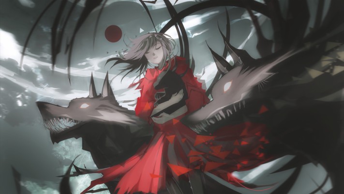 Anime Girl Red Dress Clouds Night Wolf Red Moon Anime Girl Blood Moon 2560x1440 Wallpaper Teahub Io