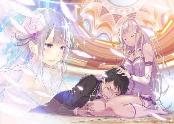 Re Zero Subaru And Emilia 48x1460 Wallpaper Teahub Io