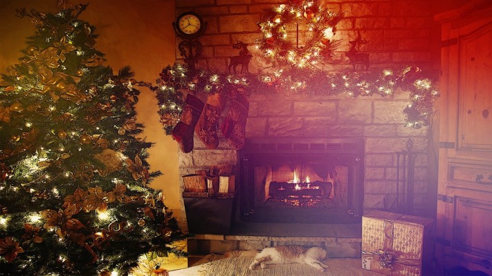 Christmas Tree And Dog By Fireplace - 1920x1080 Wallpaper - teahub.io