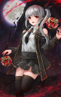 Anime Vampire Girl, Fang, Red Eyes, Gray Hair, Moon, - 1600x2560 Wallpaper  