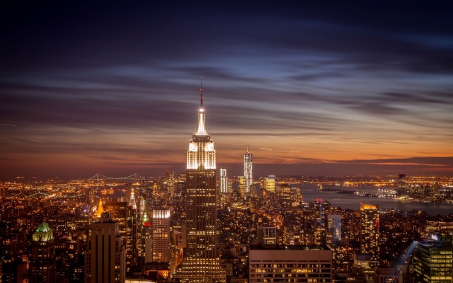 Wallpaper New York Building City Skyscrapers Evening New York City Night Time 1366x768 Wallpaper Teahub Io