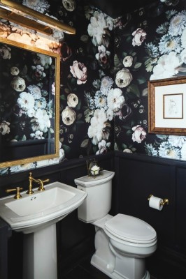 Dramatic Powder Room Features Floral Wallpaper, Dark - Black Floral ...