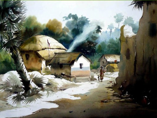 Bangladesh Village Scenery Painting - Indian Village Watercolor Painting -  1024x768 Wallpaper 