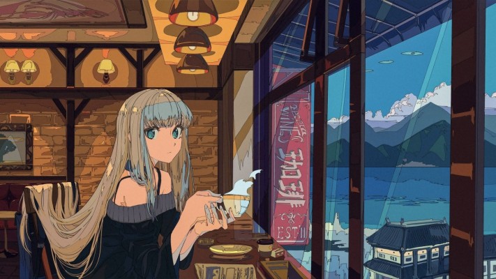 Anime Girl In Cafe - 1366x768 Wallpaper 