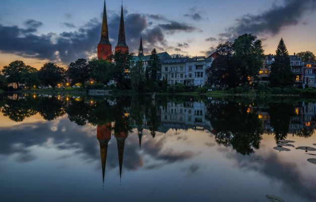 Photo Wallpaper Water, Trees, Lights, Reflection, River, - Germany ...