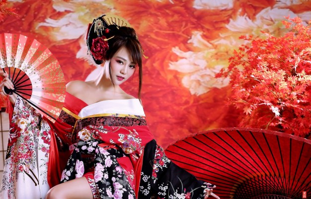 Photo Wallpaper Girl, Fan, Geisha, Kimono, Asian - Kimono Geisha ...