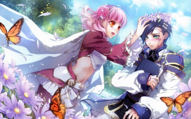 Wallpaper Anime, Boy, Girl, Flowers, Wreath, Butterfly - Putting Flower Crown On Head  - HD Wallpaper