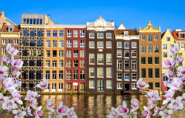 Photo Wallpaper River, Spring, Amsterdam, Flowering, - Traditional ...