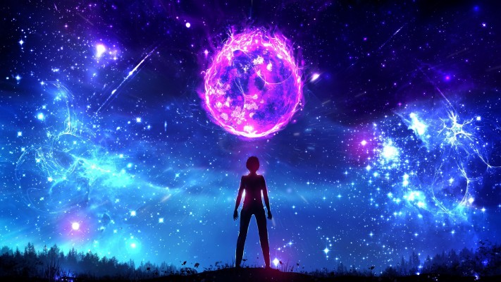 Wallpaper Fantasy Art, Planet, Boy, Night, Magic - Anime Burning World