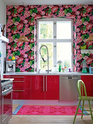Pink Flower Wallpaper With Themed Tile Murals Kitchen - Kitchen