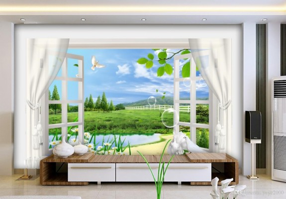 3d Wallpaper Bad Kleinstadt Frühling 3d Fenster Vorhänge - Giấy Dán Tường Bảo Việt  - HD Wallpaper