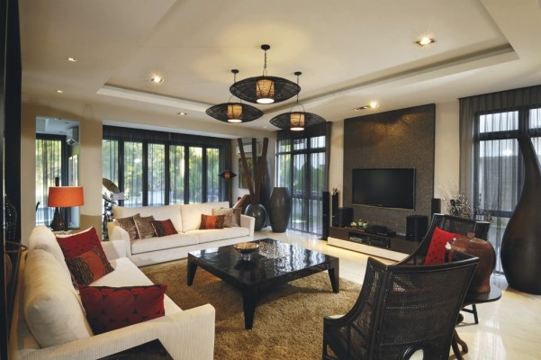 Wallpaper Behind Tv Living Room Tropical With Media - Living Room